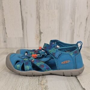 KEEN Aqua Blue Sandals Patterned Straps Contour Arch Anti Odor Washable Size 5